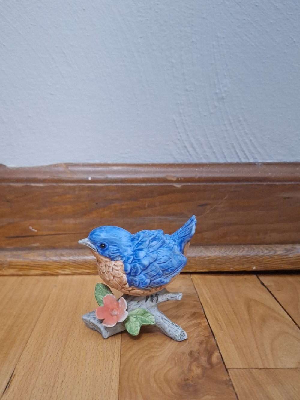 Blue Ceramic Bird Figurine with Flower Accent - Decorative Bird Statue
